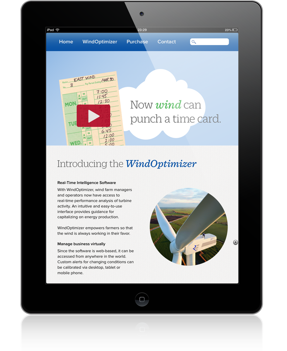 iPad Retina displaying the campaign website in portrait orientation. The top portion features a fictional video embedded and below it states an introduction to the product.