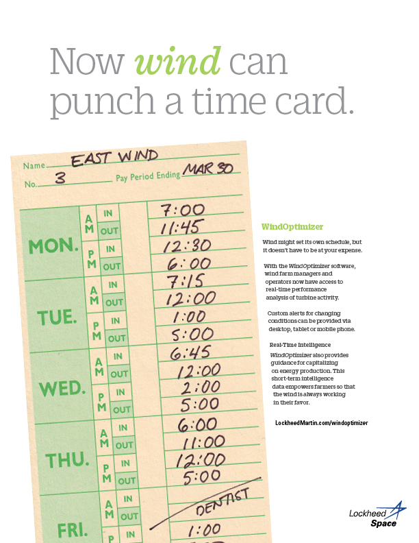 8.5 by 11 print magazine advertisement with the slogan now wind can punch a time card. The time card is prominently displayed and has handwriting on it as if wind were a person filling out the time card.