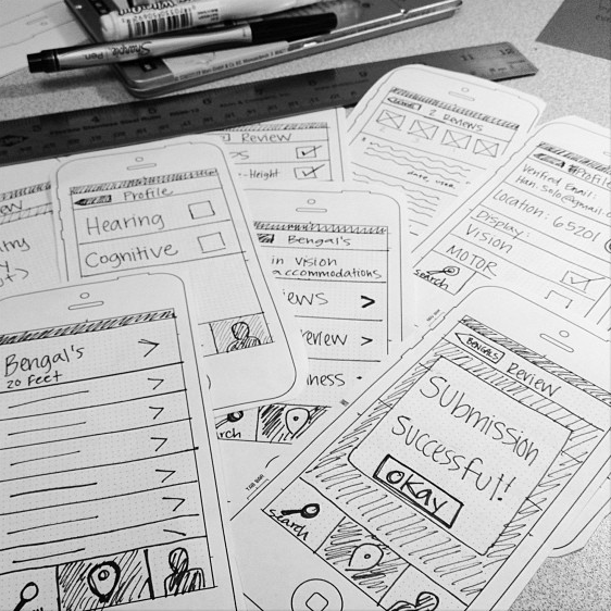 Detail shot of sketches of the app in its early stages