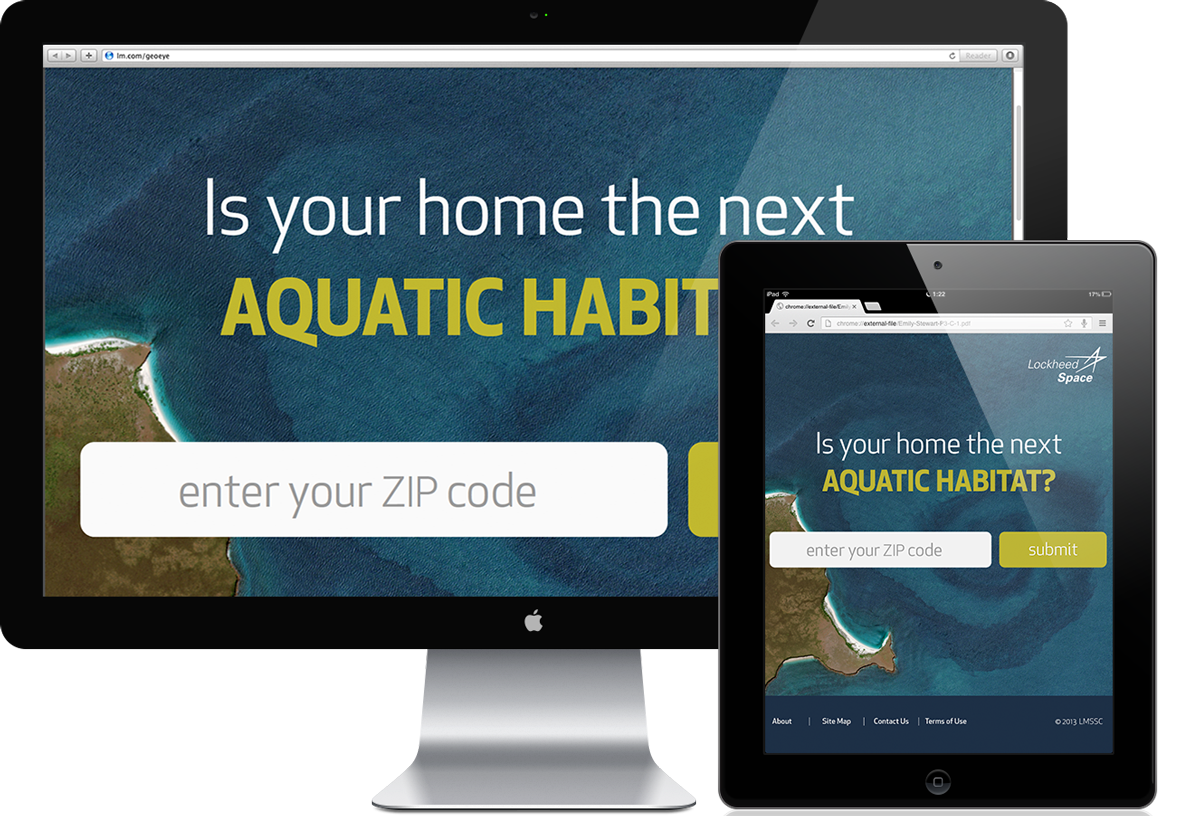 27-inch iMac and an iPad Retina portrait displaying the campaign website. The slogan reads is your home the next aquatic habitat? and below it you can enter your zip code to find out.