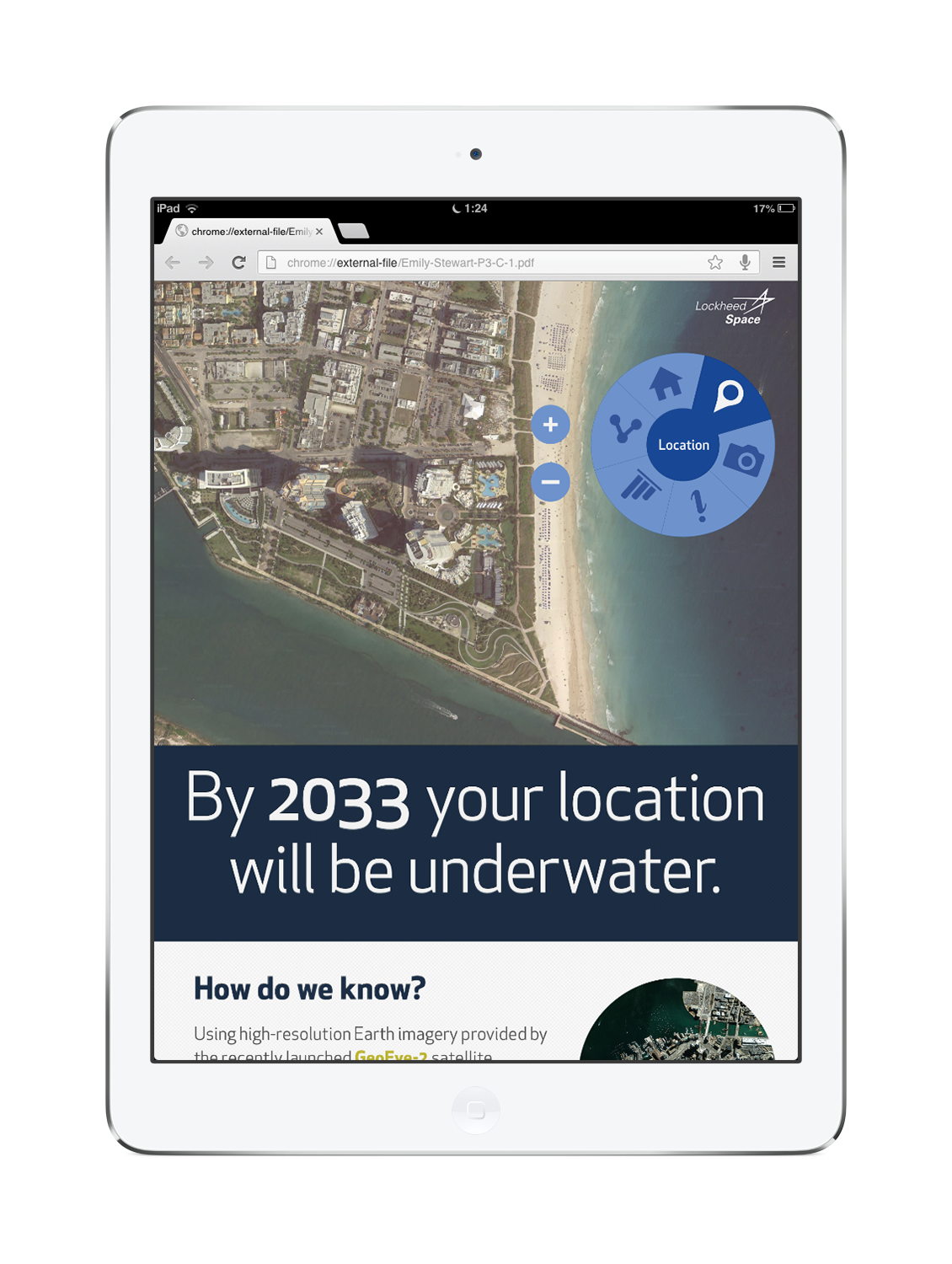 iPad Retina displaying subpage of the campaign website. It states By 2033 your location will be underwater and shows a map of the presumed zip code that the user entered. Below is fictional copy about why that will happen.