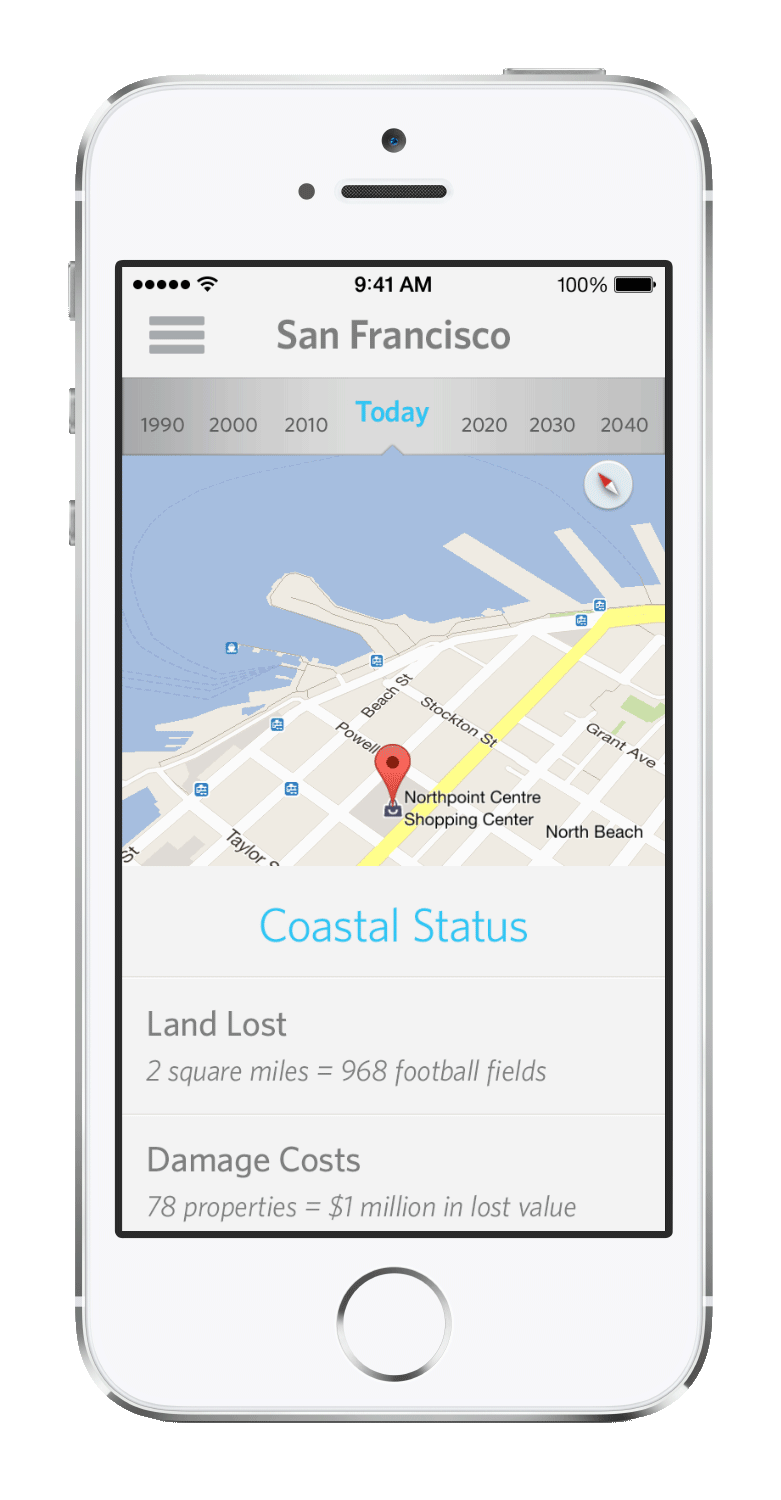 iPhone 5 portrait displaying three views of a fictional app that uses your current location and tells you how much damage from coastal erosion has occurred. The first view is 2013, the second is 2030 and the third is 2040. The location is set to San Francisco.