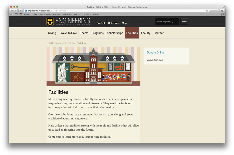Screenshot of site facilities page in Safari browser. Features a large illustration of Lafferre Hall and quick access to Donate links. Persuasive text to donate follows it below.