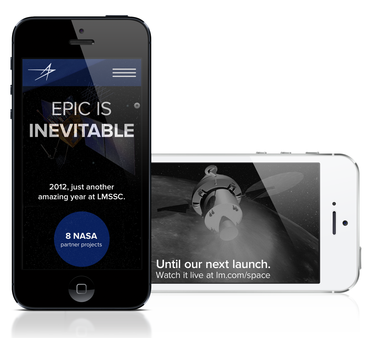 Two iPhone 5s, one in portrait and one in landscape, displaying a mobile-friendly website. The website has a slogan saying epic is inevitable and promotes viewing a live satellite launch.