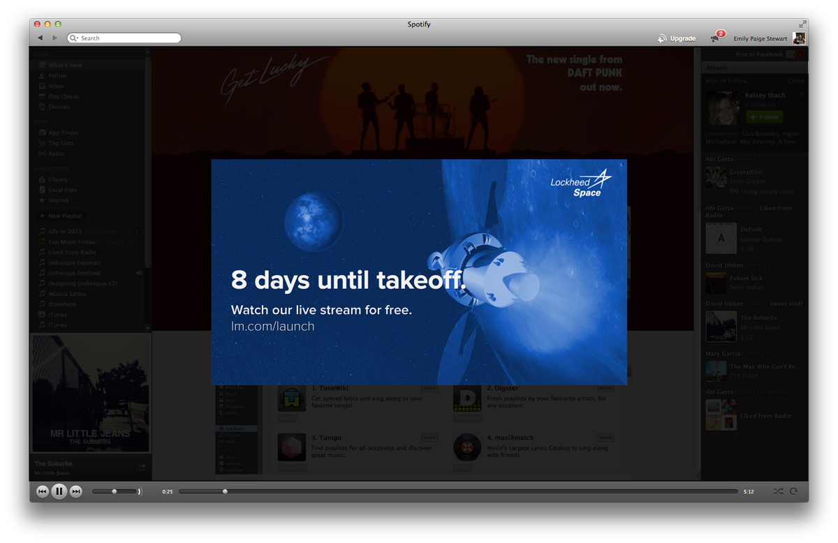 Screenshot of an advertisement in Spotify that promotes a Lockheed live stream launch. The tagline says 8 days until takeoff and has a URL below it.